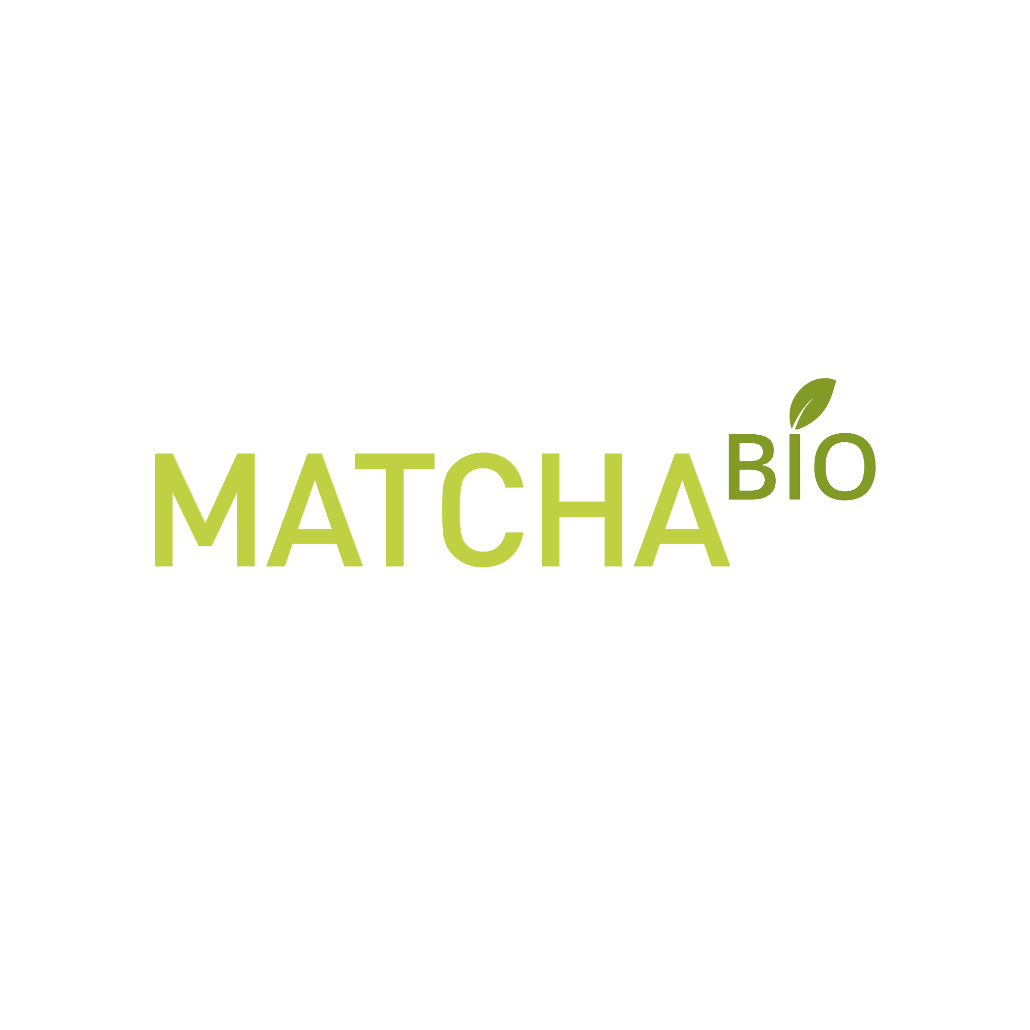 Dicitura MATCHA BIO in due tonalità di verde, con una foglia sopra la lettera I