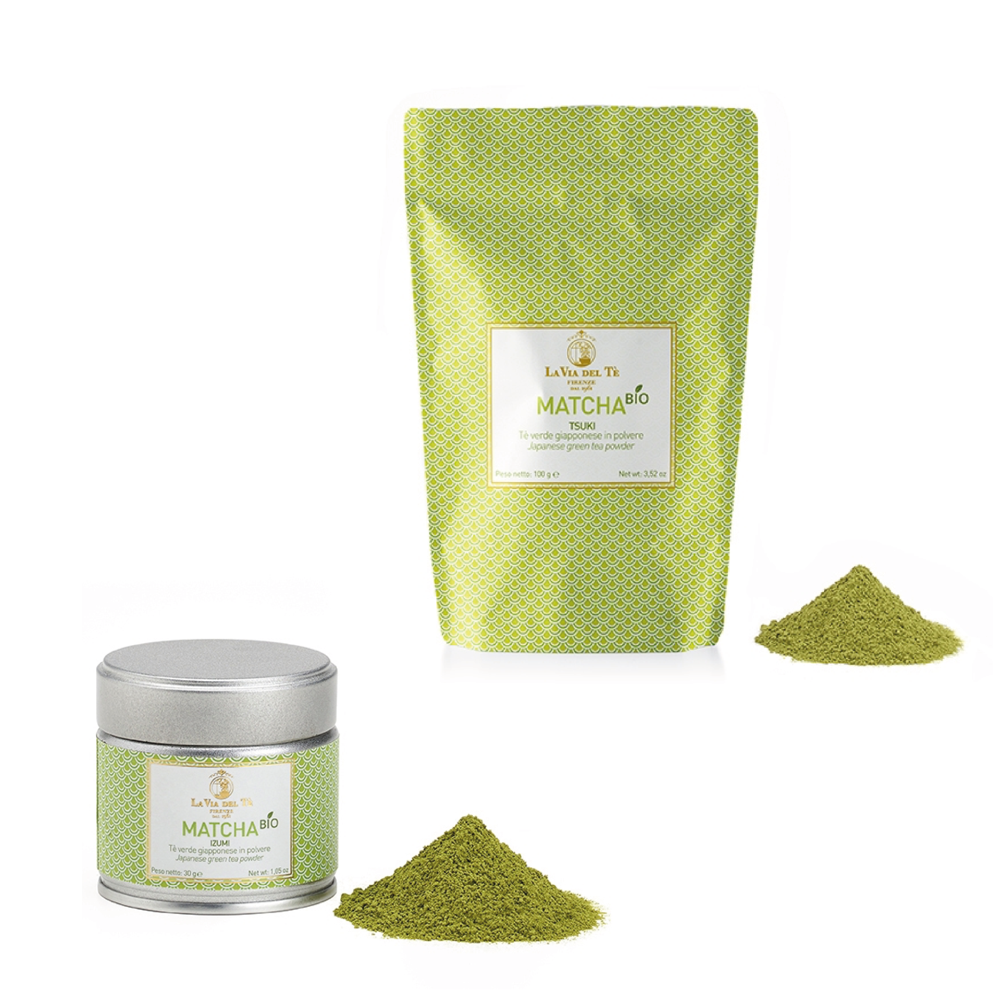 Matcha Izumi e Tsuki: lattina e sacchetto con la grafica verde a onde