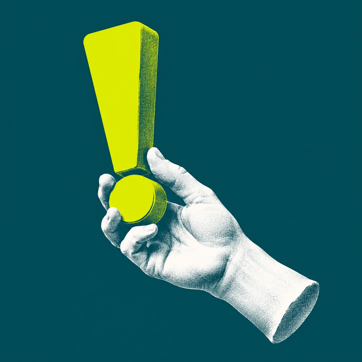 Collage pop: una mano scultorea bianca afferra un punto esclamativo lime
